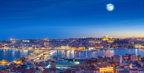 Istanbul and Bosporus at night, Panorama, Turkey.