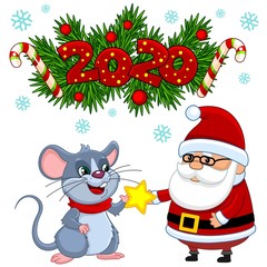 Template for christmas with mouse and santa claus. The inscription of the numbers 2020 on the background of fir branches.