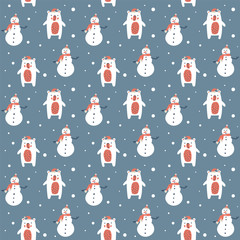 Vector Christmas seamless pattern of snowman and cute white bear. Winter background design for fabric textile, web wall, greeting card