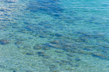 turquoise clear sea water. rocks and seaweed on the sandy bottom