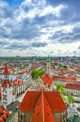An aerial view of Munich, Bavaria, Germany on a cloudy day.