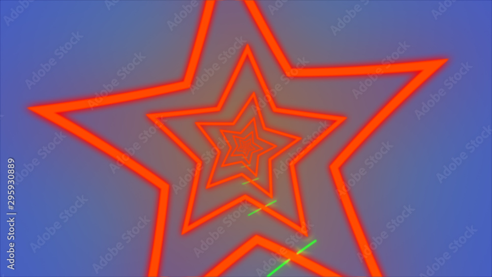 Poster neon star shape tunnel, glowing lines abstract background animation 3d rendering