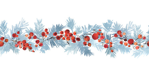 Christmas watercolor horizontal seamless pattern with spruce branches in blue and red berries - 295931099