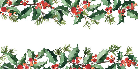 Christmas watercolor horizontal arranging with holly berries, green leaves and spruce - 295931240