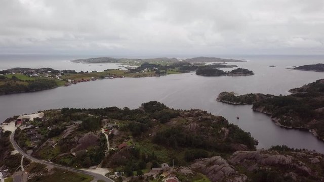 Aerial of Egersund town and the strait which separates the mainland from Eiger&oslash;ya island, Norway