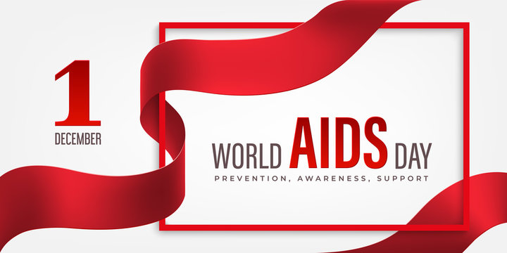 World Aids Day horizontal banner with red ribbon and flower