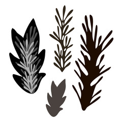 Set of isolated designs with abstract black and white floral forms. The design is suitable for clothes design, stickers, decorations, stationary supplies, etc.