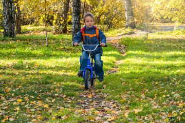 Little boy rides a bicycle in the autumn park.