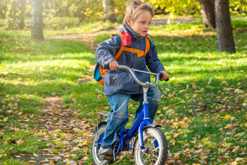 Little boy rides a bicycle in the autumn park.