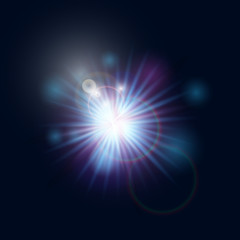 Flash burst of star light with blur and lens flare effect. Shining sun glow. Sparkling light of sun rays on transparent background
