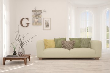Stylish room in white color with sofa. Scandinavian interior design. 3D illustration