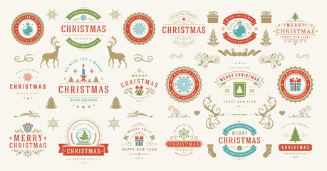 Christmas and happy new year wishes labels and badges set vector illustration