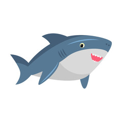Cute smiling friendly blue shark with sharp teeth. Vector illustration isolated on white background