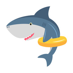 Cute shark with the yellow inflatable rubber ring. Vector illustration isolated on white background