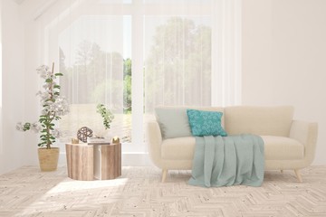 Stylish room in white color with sofa. Scandinavian interior design. 3D illustration