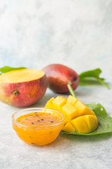 Fototapeta na wymiar Homemade mango jam with maracuya passion fruit