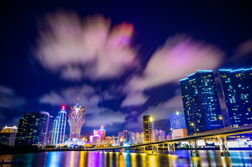 Macau cityscape at night, all hotel and tower are colorful lighten up with blue sky, Macau, China.