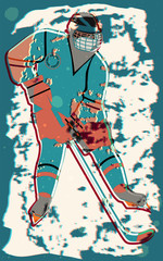 Winter sport. Hockey. Player with a club on an abstract background in grunge style - art, vector.