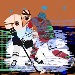 Hockey players in a gamble - abstract background in grunge style - art, vector. Winter sport. Hockey.