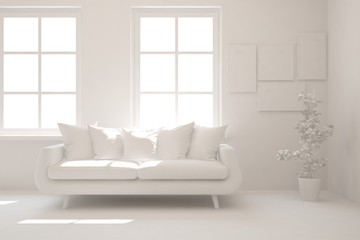 Mock up of stylish room in white color with sofa. Scandinavian interior design. 3D illustration