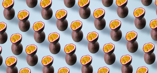 passion fruits pattern on blue background, panoramic image