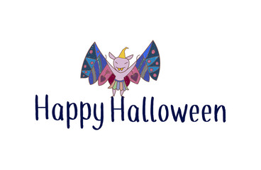 Happy Halloween vector lettering. Holiday calligraphy with bats. Good for poster, greeting card, party invitation. Isolated illustration.