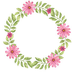 Delicate floral wreath of watercolor elements in pink and green colors. Suitable for business cards, invitations and design.