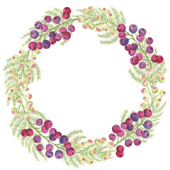 Delicate floral wreath of watercolor elements in pink and green colors. Suitable for business cards, invitations and design.