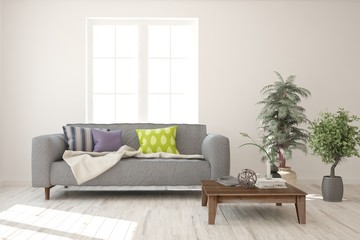 Stylish room in white color with sofa. Scandinavian interior design. 3D illustration