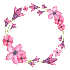 Fototapeta na wymiar Delicate floral wreath of watercolor elements in pink and green colors. Suitable for business cards, invitations and design.