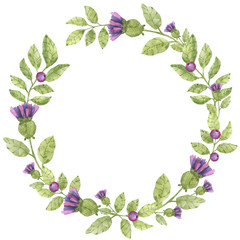 Delicate floral wreath of watercolor elements in pink and green colors. Suitable for business cards, invitations and design.