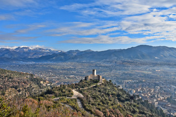 Panoramic view from Monte Cassino. There is a castle overlooking the valley.