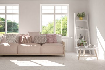 Stylish room in white color with sofa and summer landscape in window. Scandinavian interior design. 3D illustration