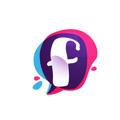 F letter chat app logo at colorful watercolor splash background.