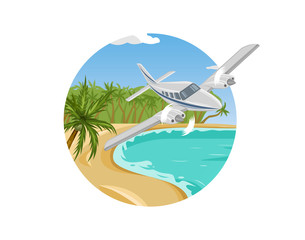 Naklejka premium Tropical beach vector illustration. Summer seascape picture. landing plane.