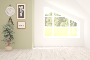 Stylish empty room in white color with summer landscape in window. Scandinavian interior design. 3D illustration