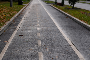 Obraz premium Bike path, dark road and yellow lines.