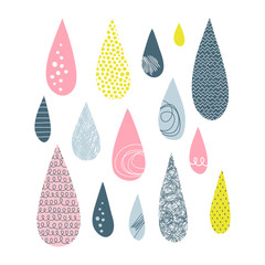 Rain drops vector illustrations set. Multicolor droplets flat simple composition. Cartoon raindrops with scribble, horizontal lines and dots drawing. Pink, blue, yellow doodle dribbles collection