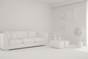 Mock up of stylish room in white color with sofa. Scandinavian interior design. 3D illustration