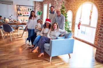 Family and friends dining at home celebrating christmas eve with traditional food and decoration, all sitting on the sofa together smiling happy with dog