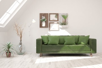Stylish room in white color with green sofa, vase and home plant. Scandinavian interior design. 3D illustration