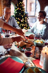 Family and friends dining at home celebrating christmas eve with traditional food and decoration, preparing turkey for dinner