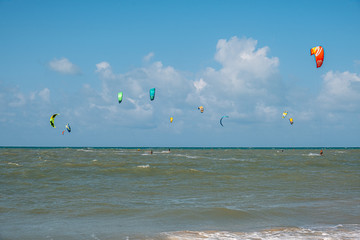 Cumbuco beach, famous place near Fortaleza, Ceara, Brazil. Cumbuco Beach full of kite surfers. Most popular places for kitesurfing in Brazil , the winds are good all over the year.