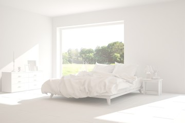 Modern bedroom in white color. Scandinavian interior design. 3D illustration