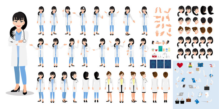 Female doctor cartoon character set, lady doctor in different uniform and poses, medical workers or hospital staff. Doctor cartoon DIY kit on a white background vector