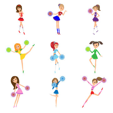 Set of girls cheerleaders with pompons vector illustration
