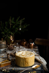 homemade tasty honey cake with vertical layers and white cream