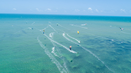 Cumbuco beach, famous place near Fortaleza, Ceara, Brazil. Aerial view. Cumbuco Beach full of kite surfers. Most popular places for kitesurfing in Brazil , the winds are good all over the year.