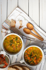 Vegan chickpea, carrot and peas soup. Copy space.