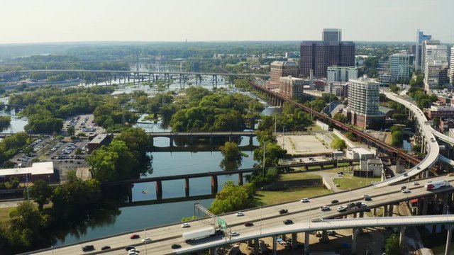 Aerial of Richmond City, highways and bridges in Richmond, drone shooting of industrial Virginia 